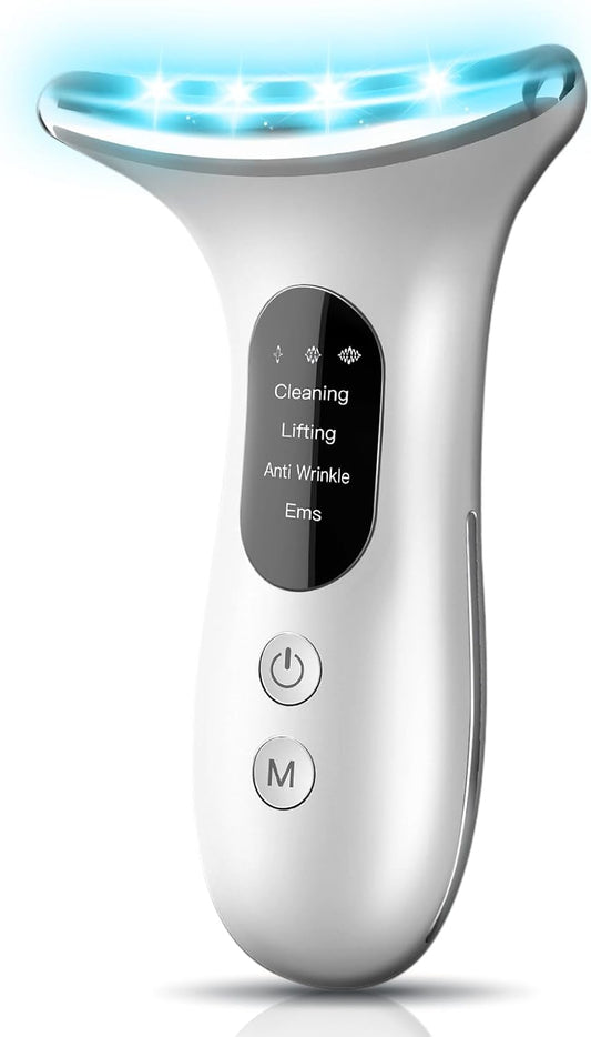 Electric Face Massager, Anti-Wrinkle Device with 4 Modes, Vibration Facial Neck Massager, Skin Rejuvenation Device with Thermal, Triple Action LED, Anti-Aging Neck Eye Massager for Skin Care